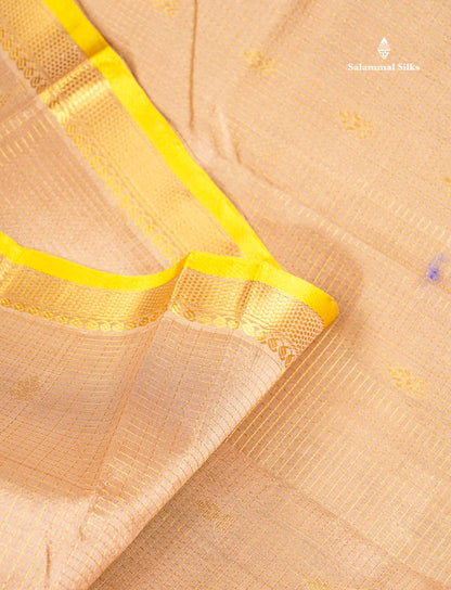 Pure Silk Cotton Saree - Sandal Small Checks With Butta Along With Contrast Lemon Yellow Traditional Evening Morning Border
