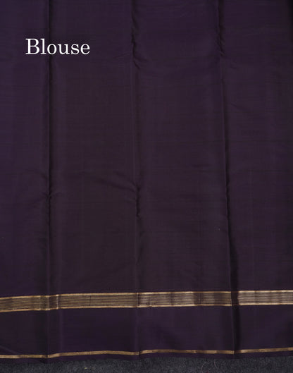 Beautiful Light Grey Checks With Peacock Butta Pure Kanjivaram Silk Saree With Contrast Dark Violet Traditional Gap Border