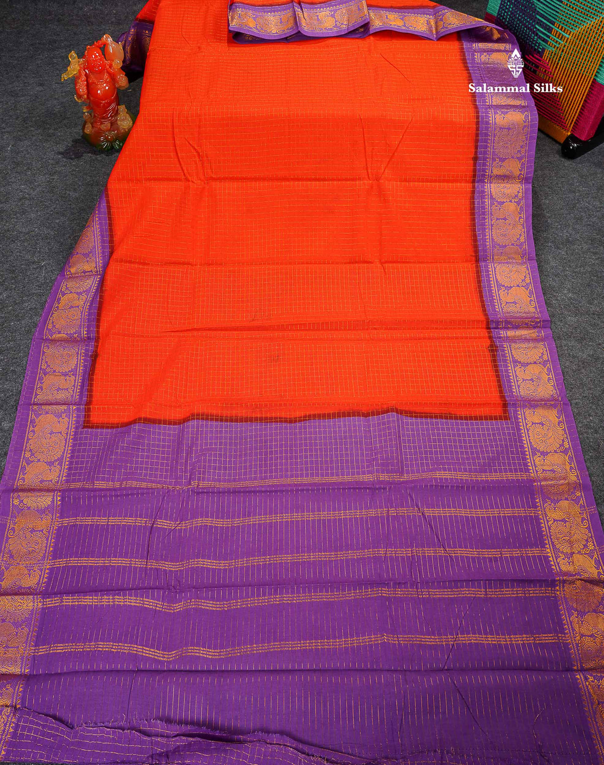 Sungudi Cotton Saree - Redish Orange Colour Body Small Zari Checks With Purple Border
