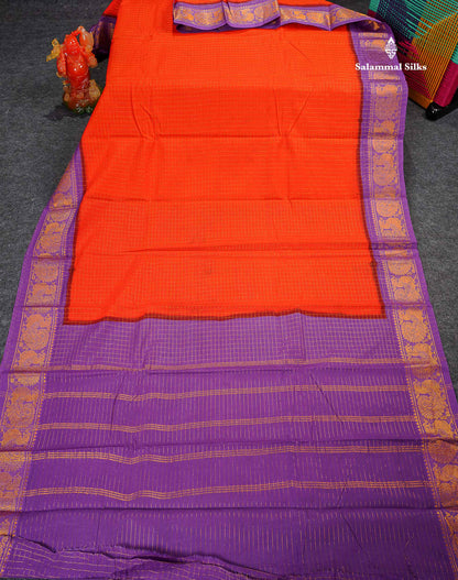 Sungudi Cotton Saree - Redish Orange Colour Body Small Zari Checks With Purple Border