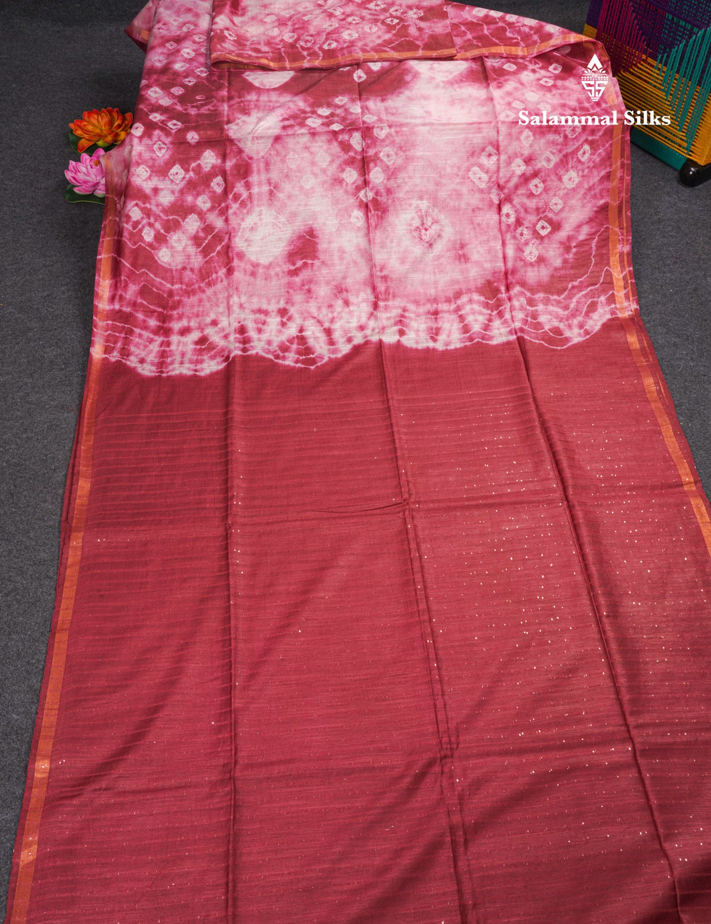 Beautiful Baby Pink Bandhani Fancy Saree With Contrast Maroon Blouse
