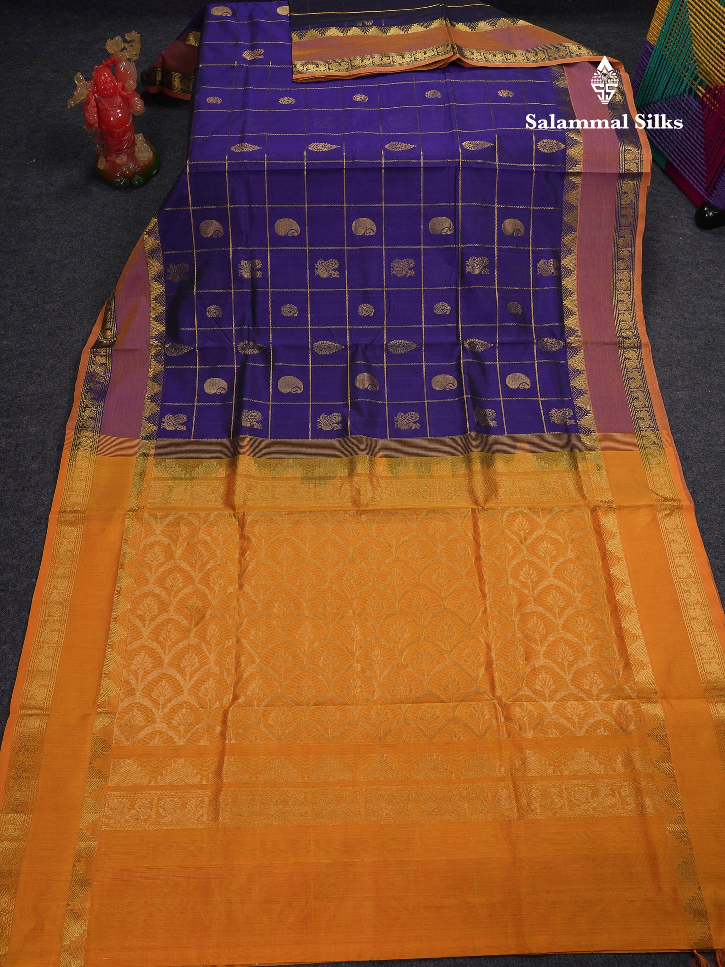 Beautiful Maroon Checks With Mango & Peacock Buttas Pure Silk Cotton Saree With Contrast Mustard Yellow Blouse