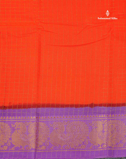Sungudi Cotton Saree - Orange Colour Body Small Zari Checks With Baby Pink Border