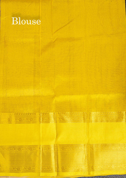 Pure Silk Cotton Saree - Sandal Small Checks With Butta Along With Contrast Lemon Yellow Traditional Evening Morning Border