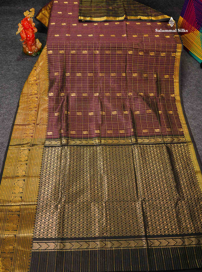Pure Silk Cotton Saree - Dark Magenta Checks With Mayil Butta Along With Traditional Evening Morning Border