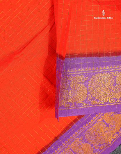 Sungudi Cotton Saree - Orange Colour Body Small Zari Checks With Baby Pink Border