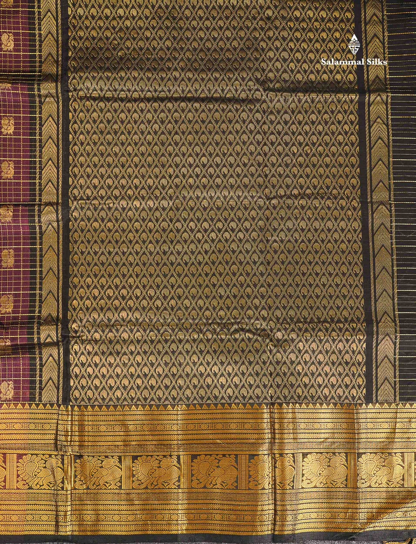 Pure Silk Cotton Saree - Dark Magenta Checks With Mayil Butta Along With Traditional Evening Morning Border
