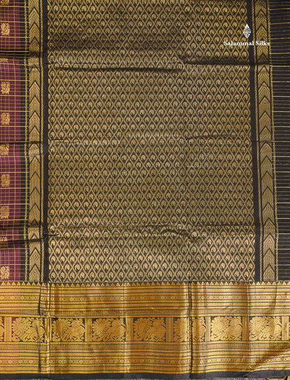 Pure Silk Cotton Saree - Dark Magenta Checks With Mayil Butta Along With Traditional Evening Morning Border
