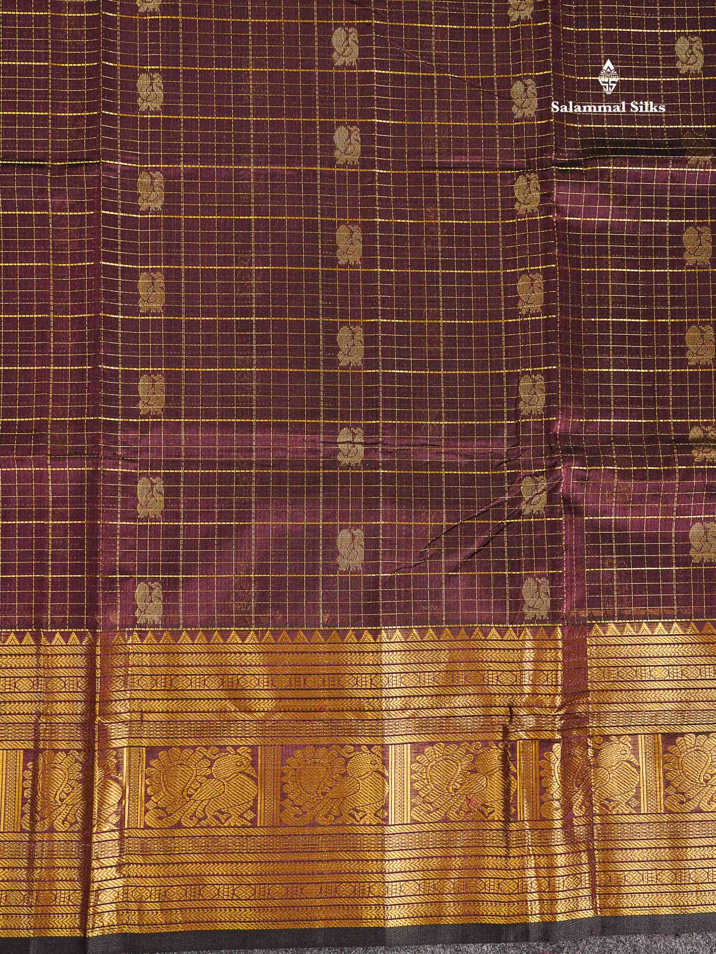 Pure Silk Cotton Saree - Dark Magenta Checks With Mayil Butta Along With Traditional Evening Morning Border