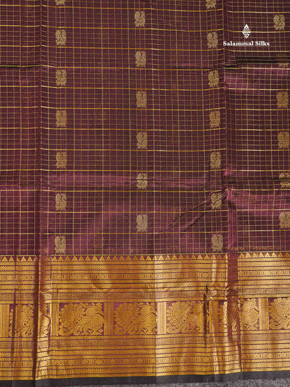 Pure Silk Cotton Saree - Dark Magenta Checks With Mayil Butta Along With Traditional Evening Morning Border
