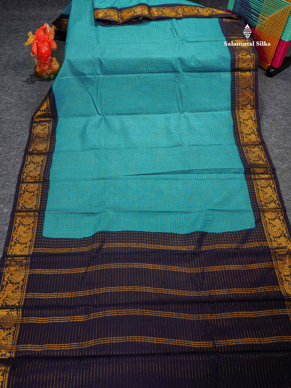 Sungudi Cotton Saree - Petrol Blue Colour Body Small Zari Checks With Navy Blue Border