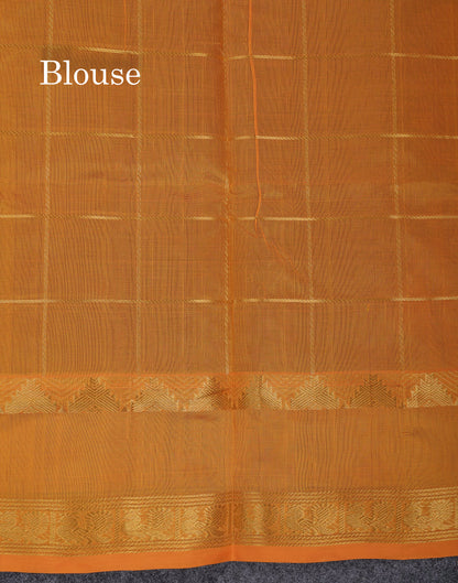 Beautiful Maroon Checks With Mango & Peacock Buttas Pure Silk Cotton Saree With Contrast Mustard Yellow Blouse