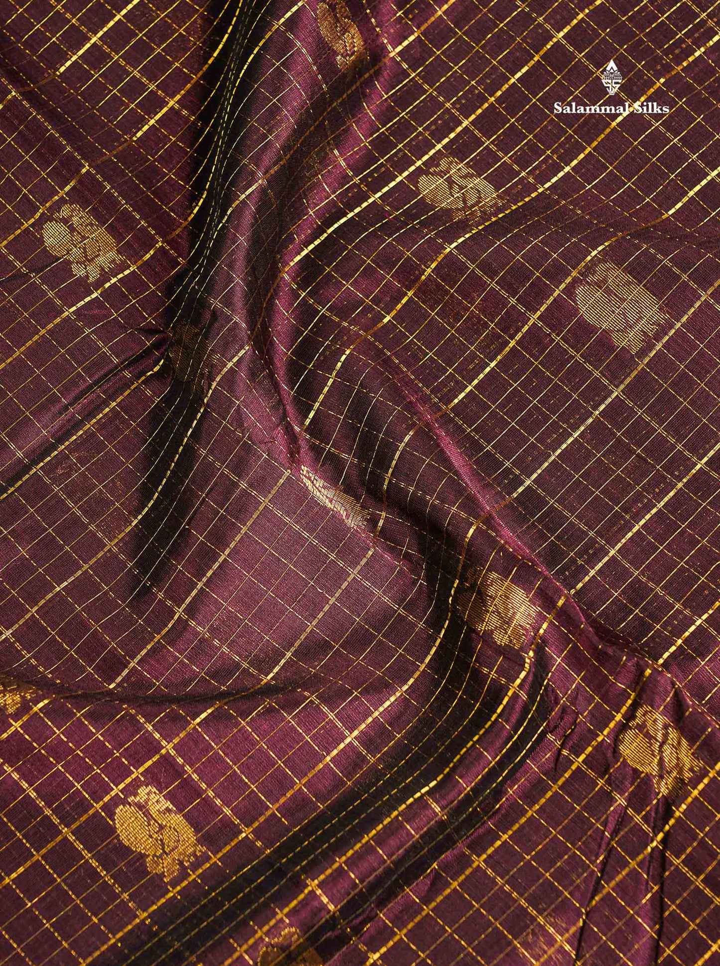 Pure Silk Cotton Saree - Dark Magenta Checks With Mayil Butta Along With Traditional Evening Morning Border