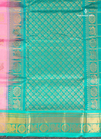 Pure Silk Cotton Saree - Light Pink Big Checks With Traditional Butta Along With Contrast Sapphire Green Traditional Border