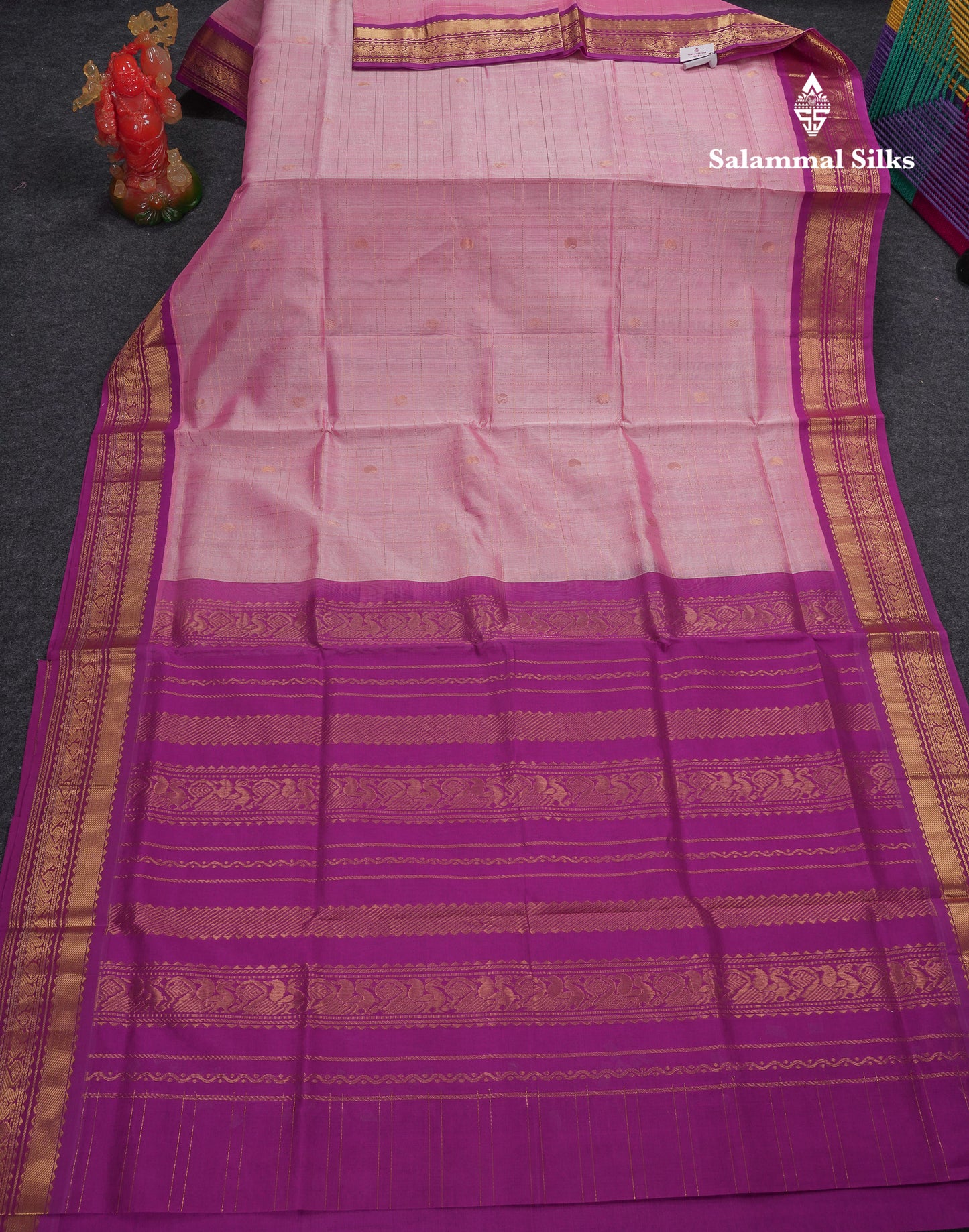 Beautiful Light Pink Checks With Buttas Pure Silk Cotton Saree With Contrast Dark Purple Traditional Border