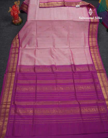Beautiful Light Pink Checks With Buttas Pure Silk Cotton Saree With Contrast Dark Purple Traditional Border