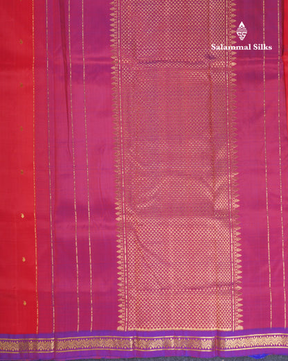 Beautiful Red Pure Kanjivaram Silk Saree With Dual Tone Violet Traditional Small Border