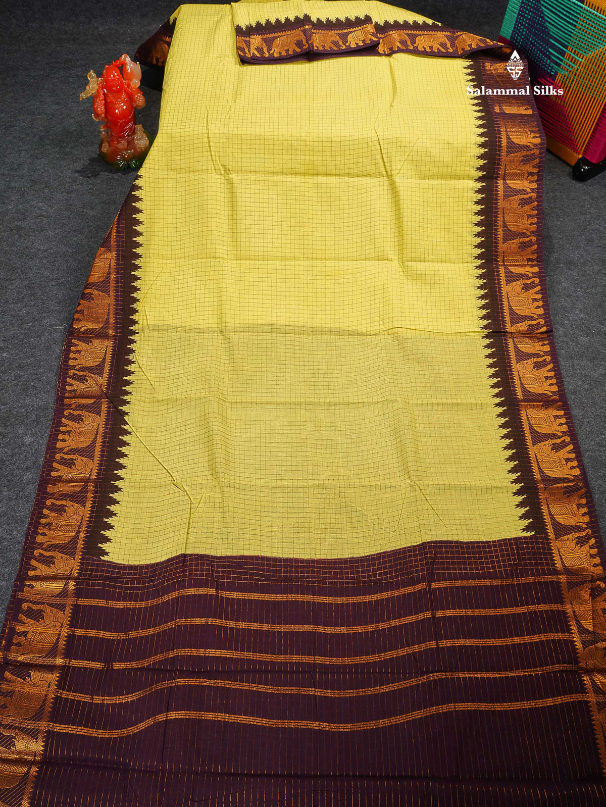 Sungudi Cotton Saree - Light Yellow Colour Body Small Zari Checks With Wine Purple Traditional Border