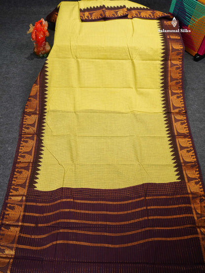 Sungudi Cotton Saree - Light Yellow Colour Body Small Zari Checks With Wine Purple Traditional Border