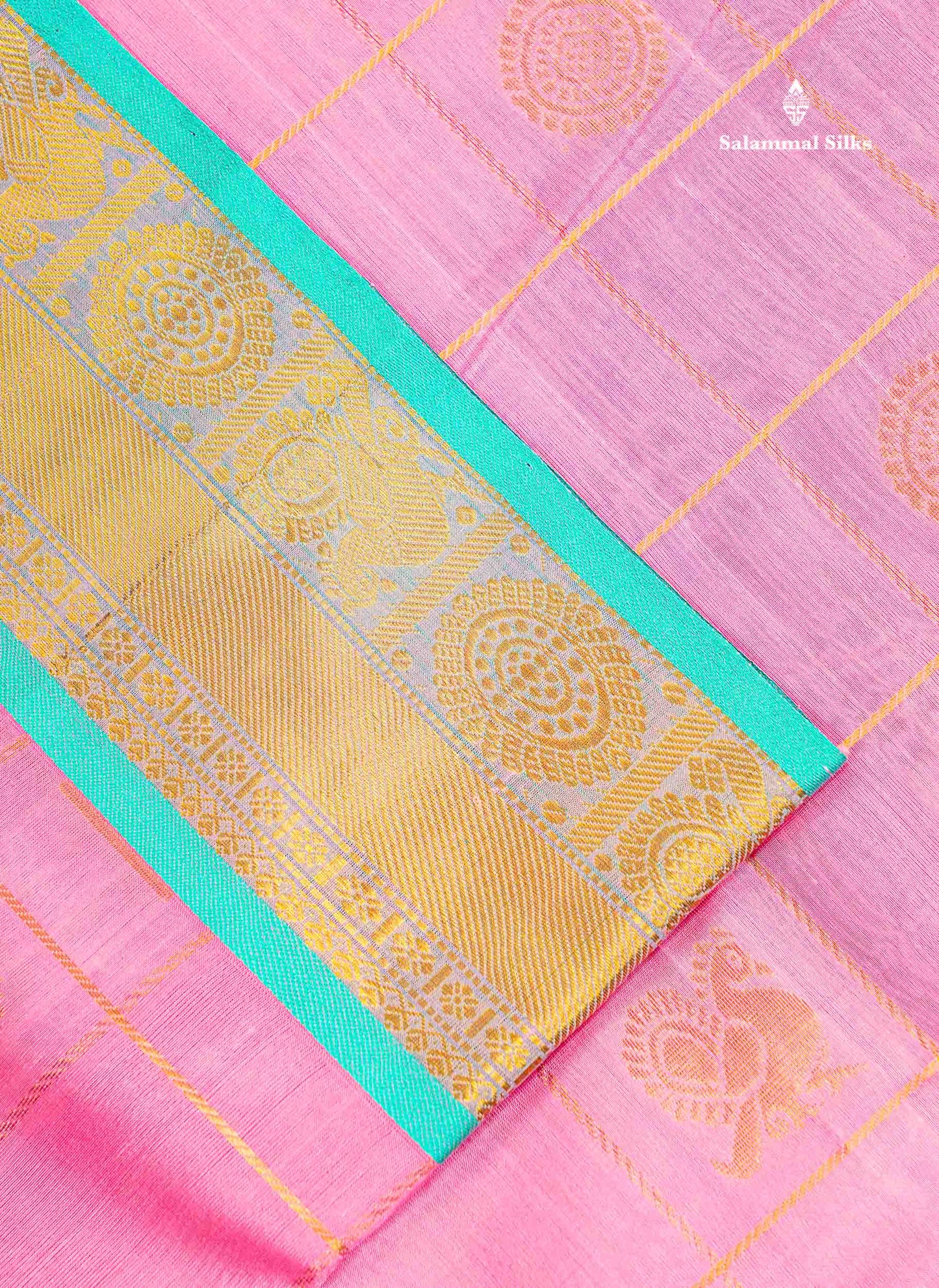 Pure Silk Cotton Saree - Light Pink Big Checks With Traditional Butta Along With Contrast Sapphire Green Traditional Border