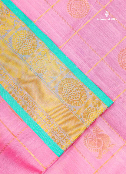 Pure Silk Cotton Saree - Light Pink Big Checks With Traditional Butta Along With Contrast Sapphire Green Traditional Border