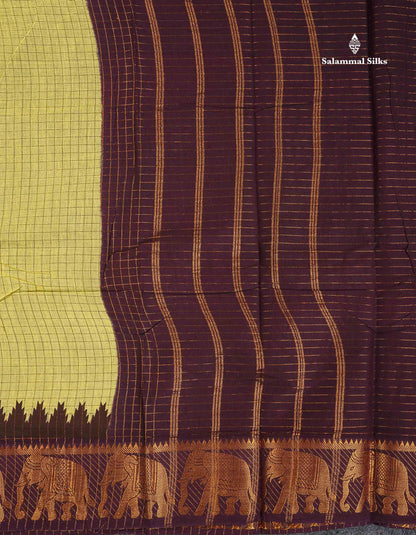Sungudi Cotton Saree - Light Yellow Colour Body Small Zari Checks With Wine Purple Traditional Border