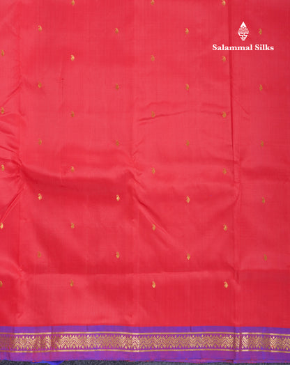 Beautiful Red Pure Kanjivaram Silk Saree With Dual Tone Violet Traditional Small Border