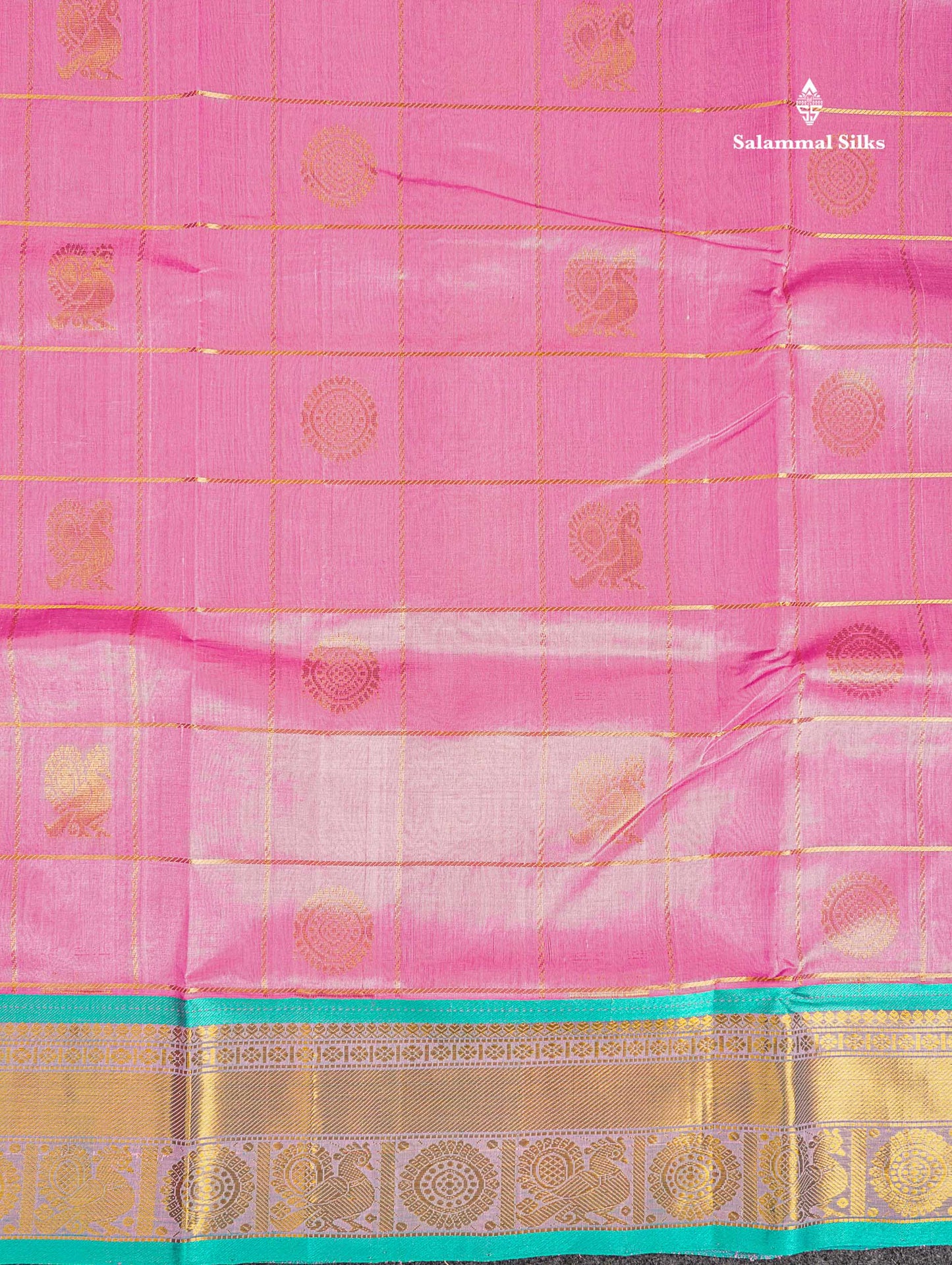 Pure Silk Cotton Saree - Light Pink Big Checks With Traditional Butta Along With Contrast Sapphire Green Traditional Border