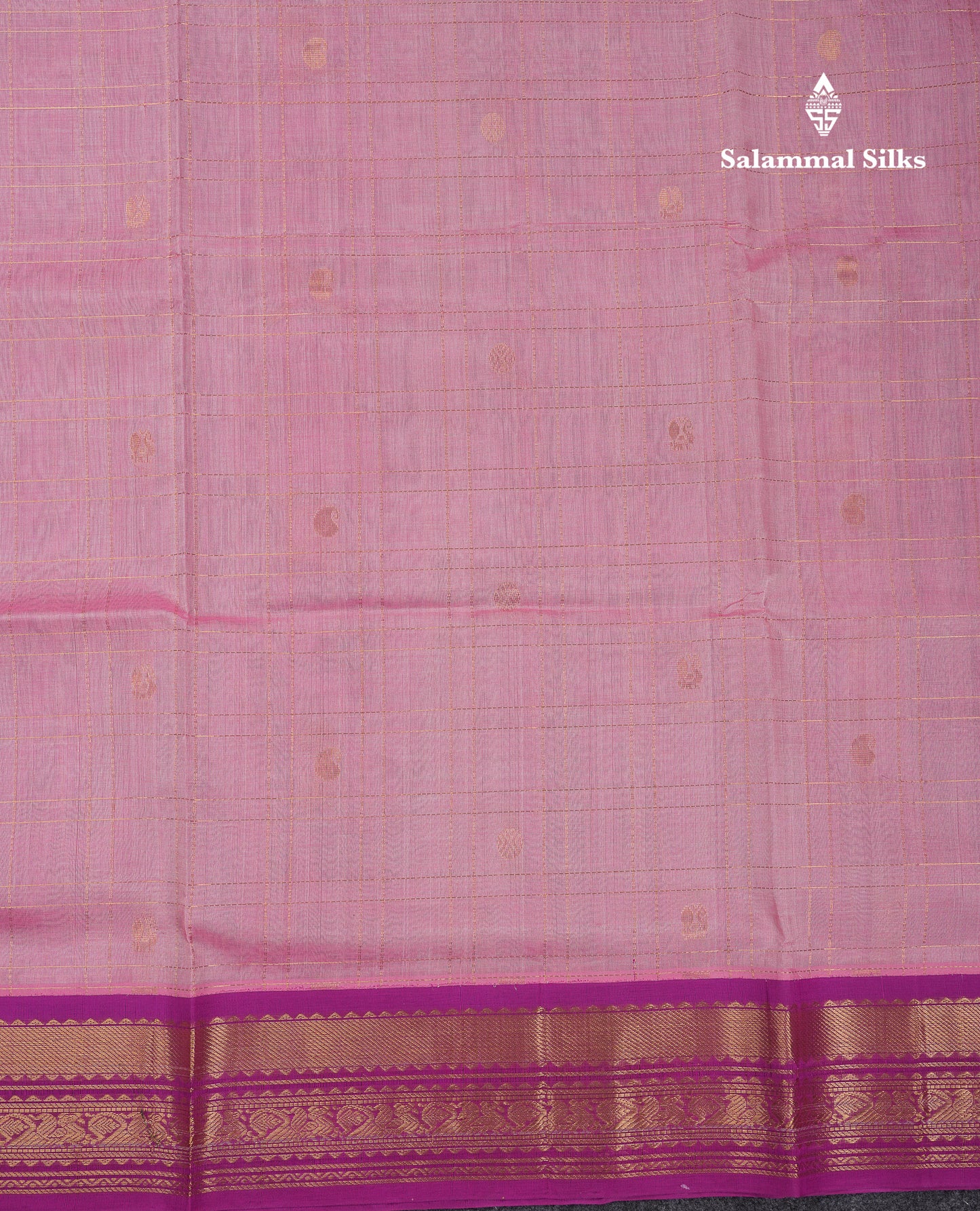 Beautiful Light Pink Checks With Buttas Pure Silk Cotton Saree With Contrast Dark Purple Traditional Border