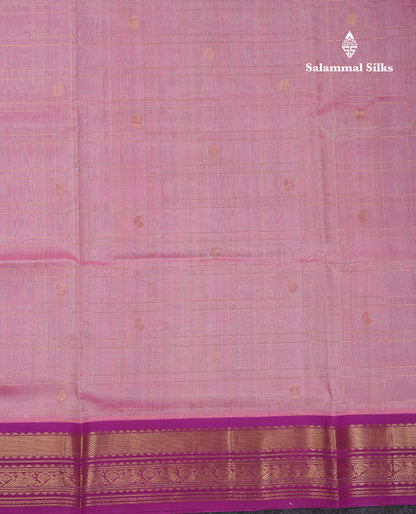 Beautiful Light Pink Checks With Buttas Pure Silk Cotton Saree With Contrast Dark Purple Traditional Border