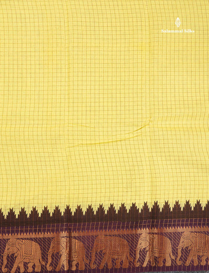 Sungudi Cotton Saree - Light Yellow Colour Body Small Zari Checks With Wine Purple Traditional Border