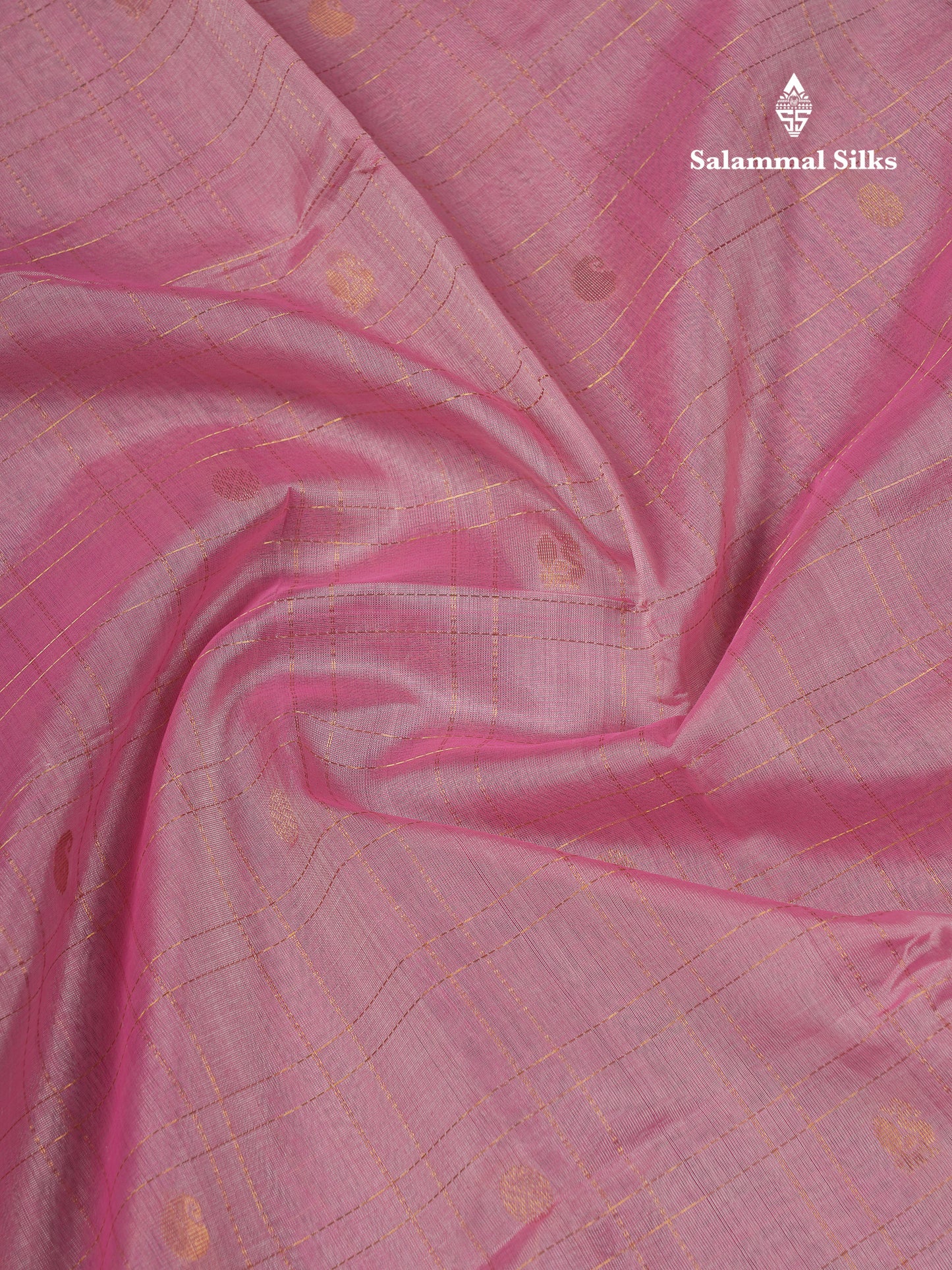 Beautiful Light Pink Checks With Buttas Pure Silk Cotton Saree With Contrast Dark Purple Traditional Border