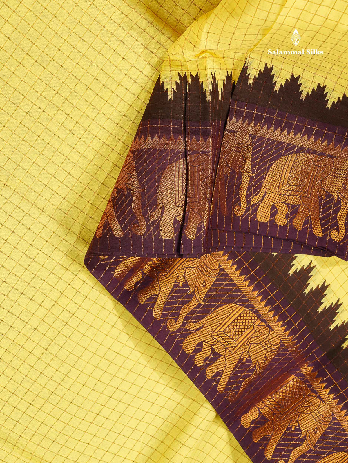 Sungudi Cotton Saree - Light Yellow Colour Body Small Zari Checks With Wine Purple Traditional Border