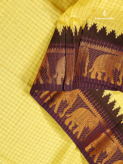 Sungudi Cotton Saree - Light Yellow Colour Body Small Zari Checks With Wine Purple Traditional Border