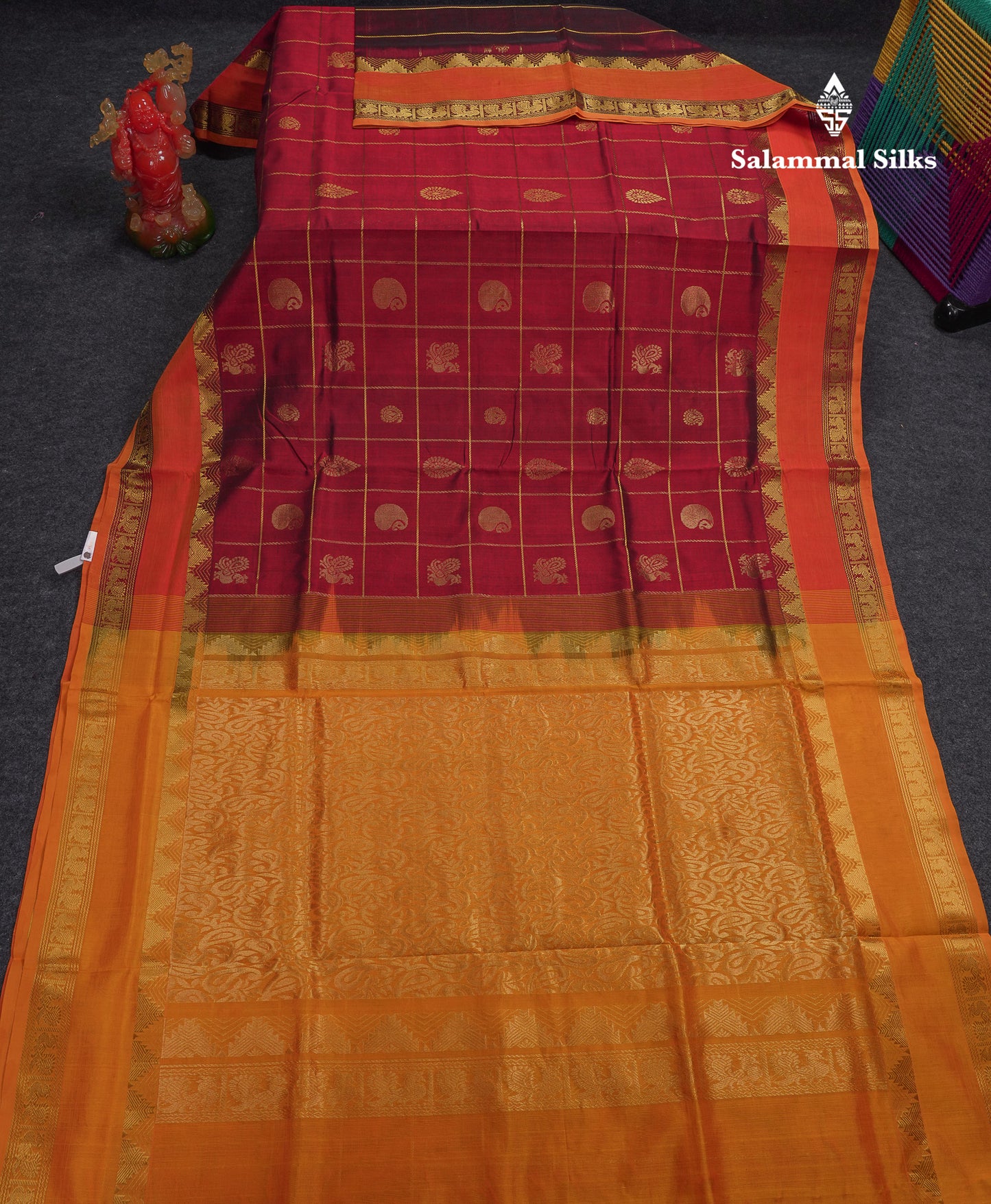 Beautiful Maroon Checks With Mango & Peacock Buttas Pure Silk Cotton Saree With Contrast Mustard Yellow Blouse