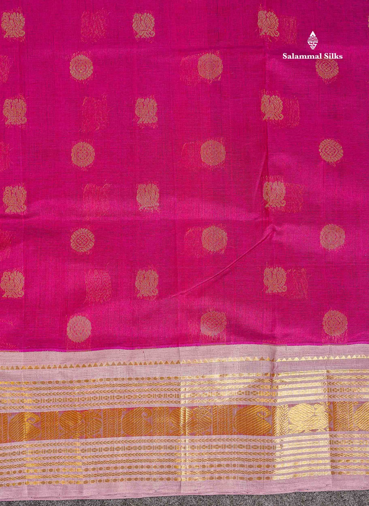 Pure Silk Cotton Saree - Rani Pink Colour Body Chakaram & Mayil Butta With Contrast Dusky Pink Traditional Border