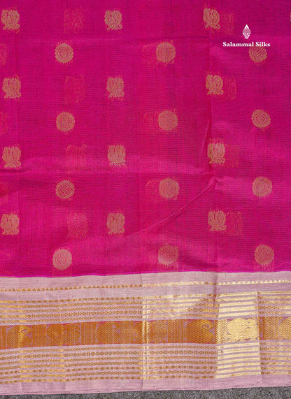 Pure Silk Cotton Saree - Rani Pink Colour Body Chakaram & Mayil Butta With Contrast Dusky Pink Traditional Border