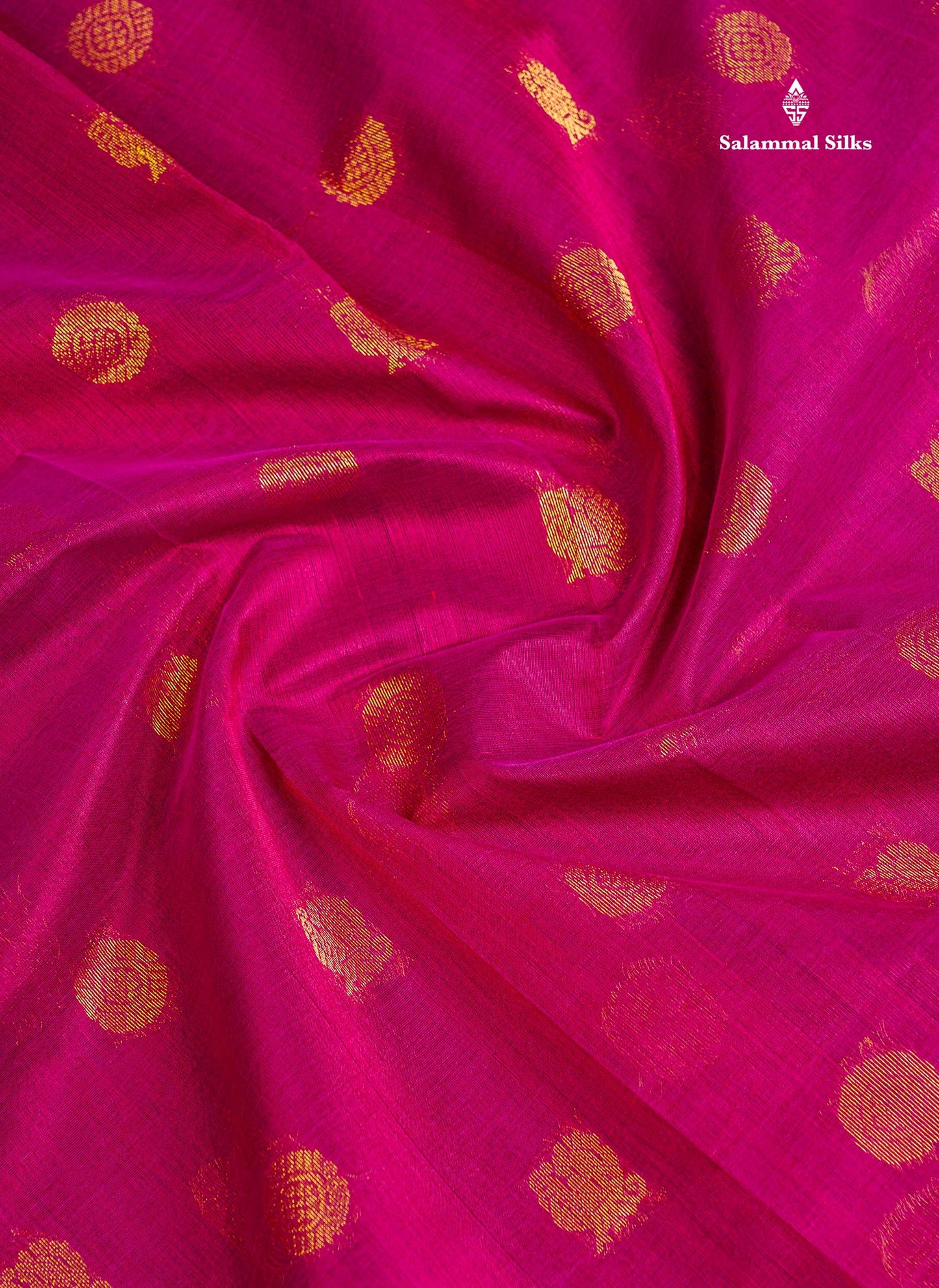Pure Silk Cotton Saree - Rani Pink Colour Body Chakaram & Mayil Butta With Contrast Dusky Pink Traditional Border
