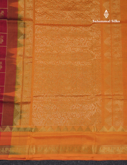 Beautiful Maroon Checks With Mango & Peacock Buttas Pure Silk Cotton Saree With Contrast Mustard Yellow Blouse