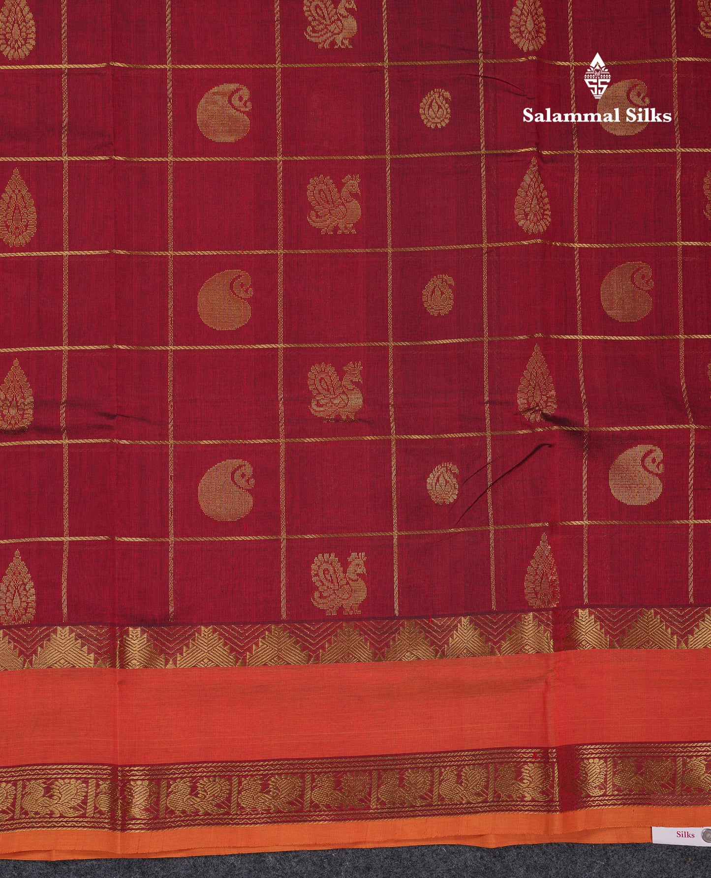 Beautiful Maroon Checks With Mango & Peacock Buttas Pure Silk Cotton Saree With Contrast Mustard Yellow Blouse