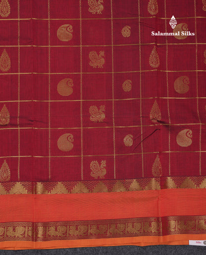 Beautiful Maroon Checks With Mango & Peacock Buttas Pure Silk Cotton Saree With Contrast Mustard Yellow Blouse