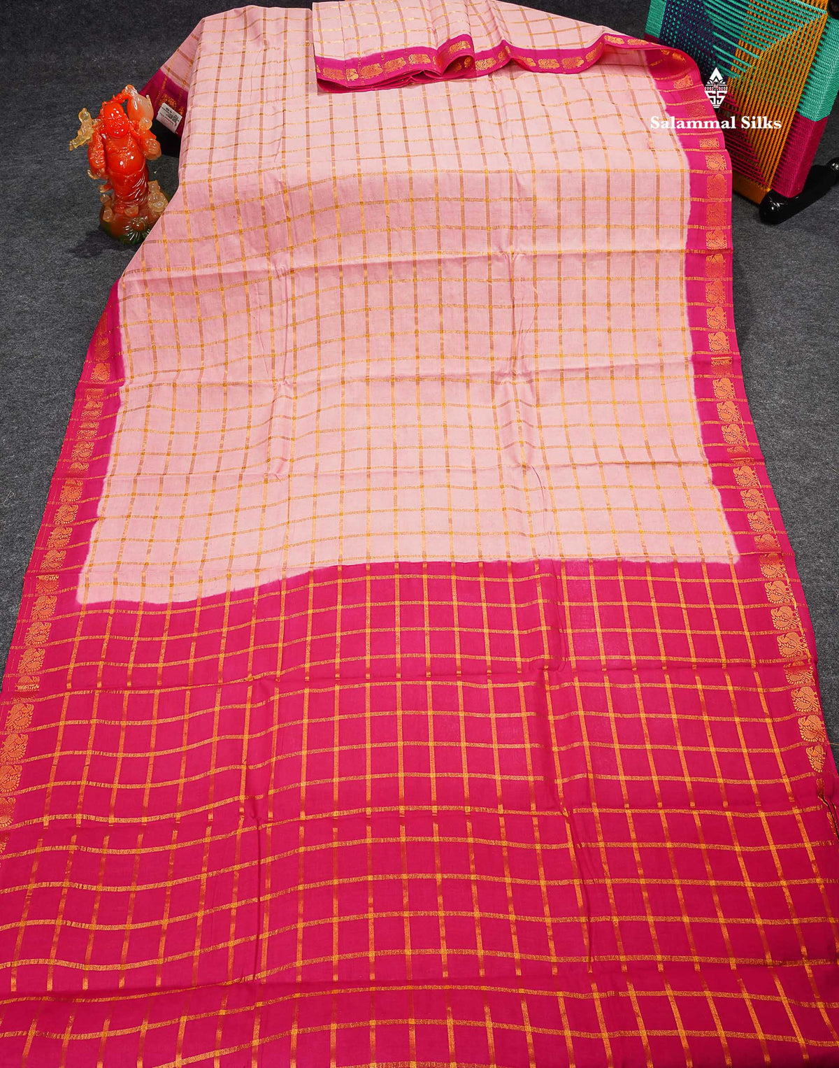 Sungudi Cotton Saree - Baby Pink Colour Body Zari Checks With Contrast Pink Traditional Border