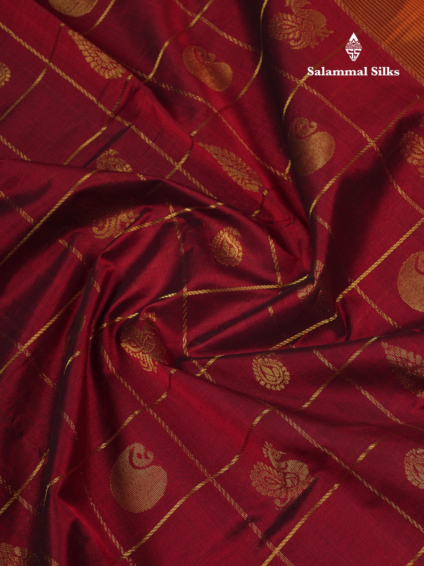 Beautiful Maroon Checks With Mango & Peacock Buttas Pure Silk Cotton Saree With Contrast Mustard Yellow Blouse