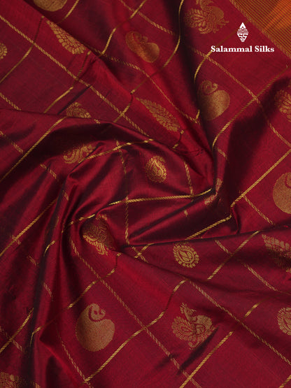Beautiful Maroon Checks With Mango & Peacock Buttas Pure Silk Cotton Saree With Contrast Mustard Yellow Blouse