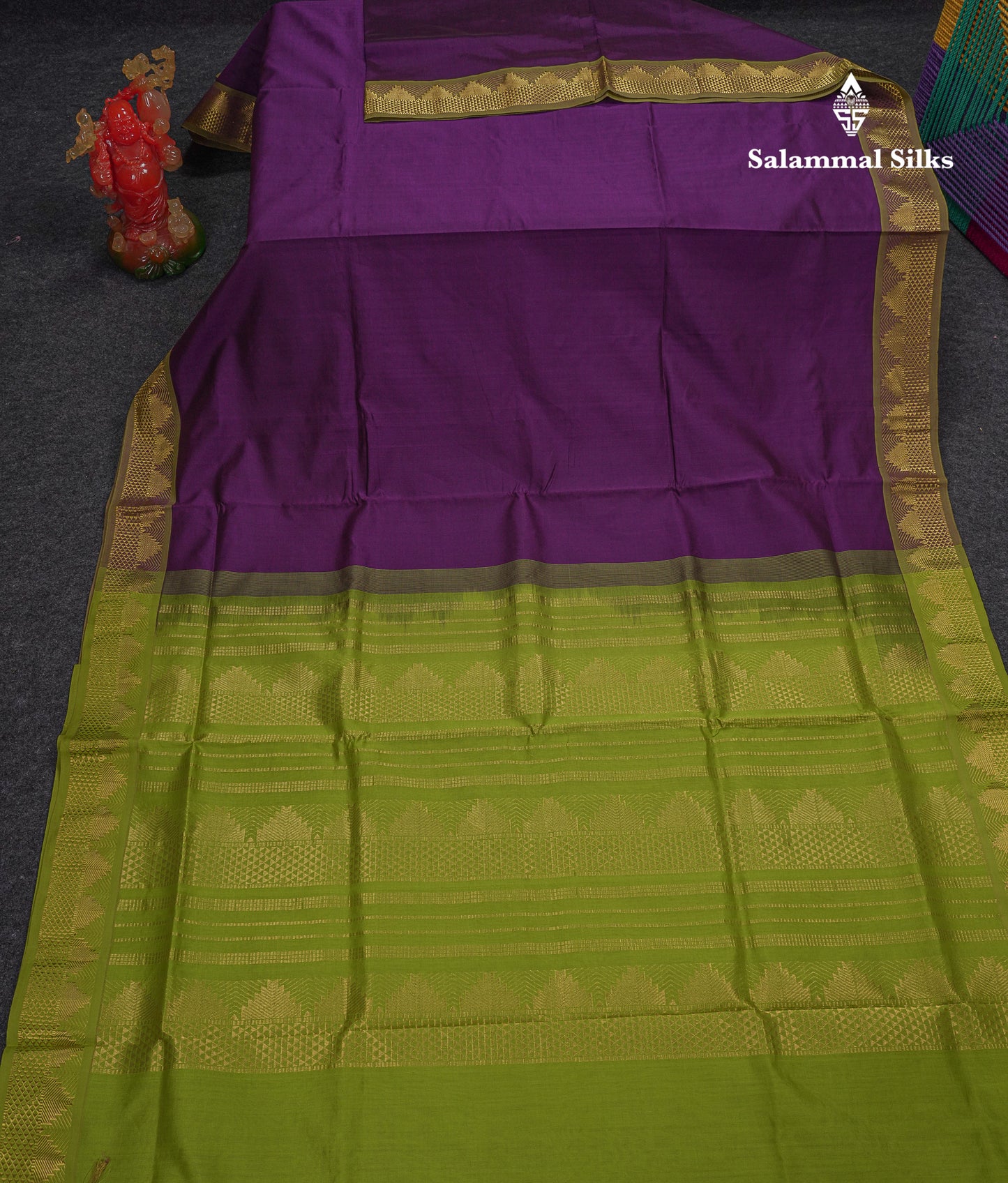 Beautiful Dark Purple Plain Semi Silk Cotton Saree With Contrast Parrot Green Blouse