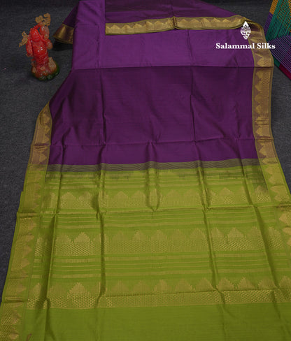 Beautiful Dark Purple Plain Semi Silk Cotton Saree With Contrast Parrot Green Blouse