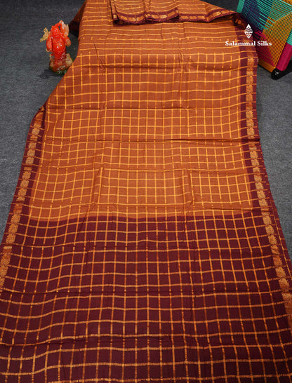 Sungudi Cotton Saree - Dark Brown Colour Body Zari Checks With Contrast Maroon Traditional Border