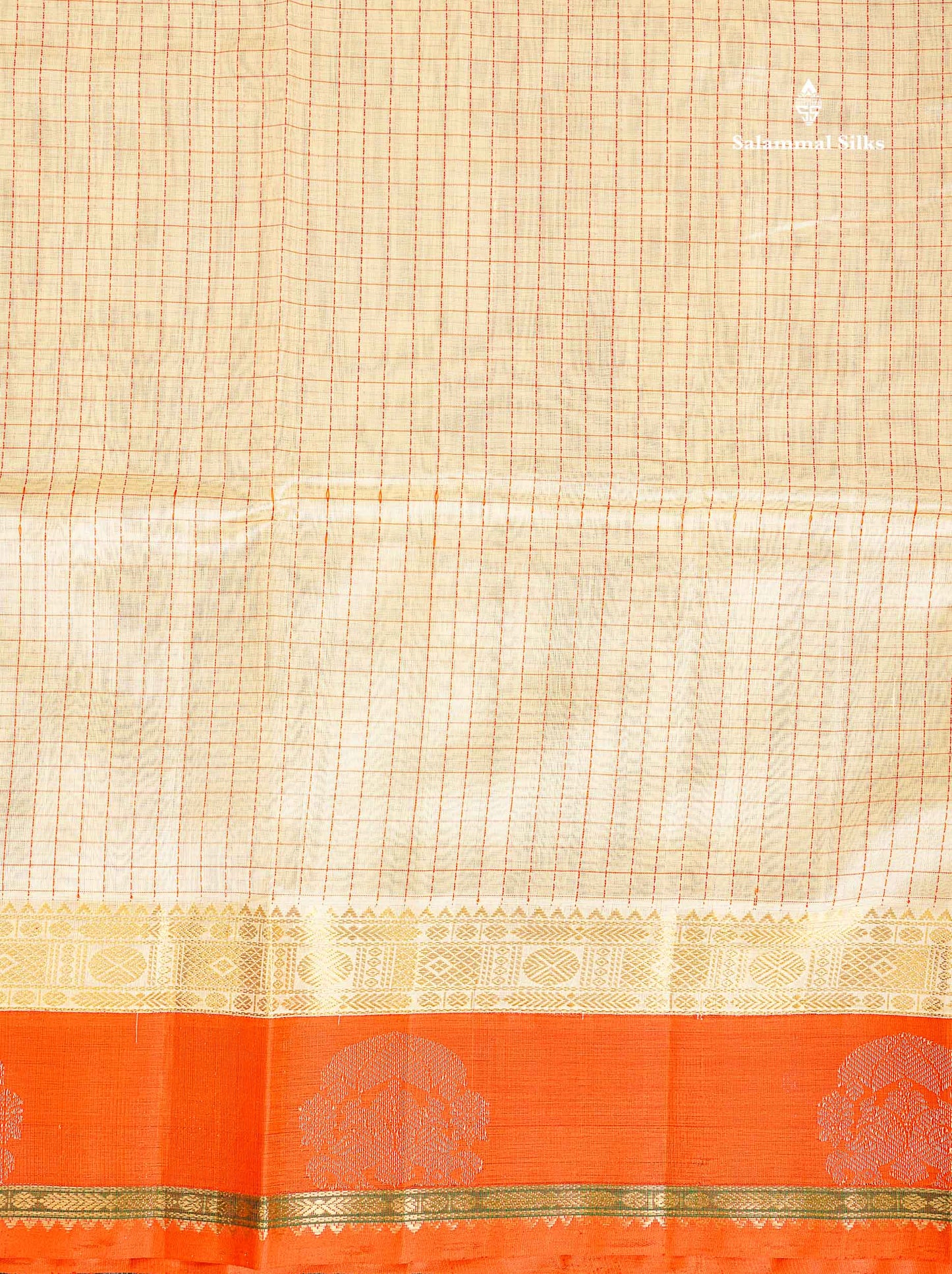 Pure Silk Cotton Saree - Cream Colour Body Small Checks With Contrast Orange Traditional Border