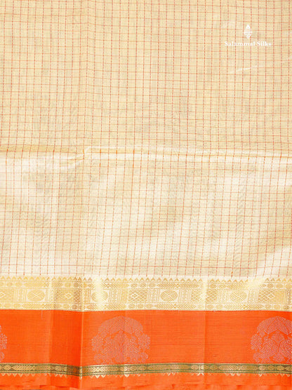 Pure Silk Cotton Saree - Cream Colour Body Small Checks With Contrast Orange Traditional Border