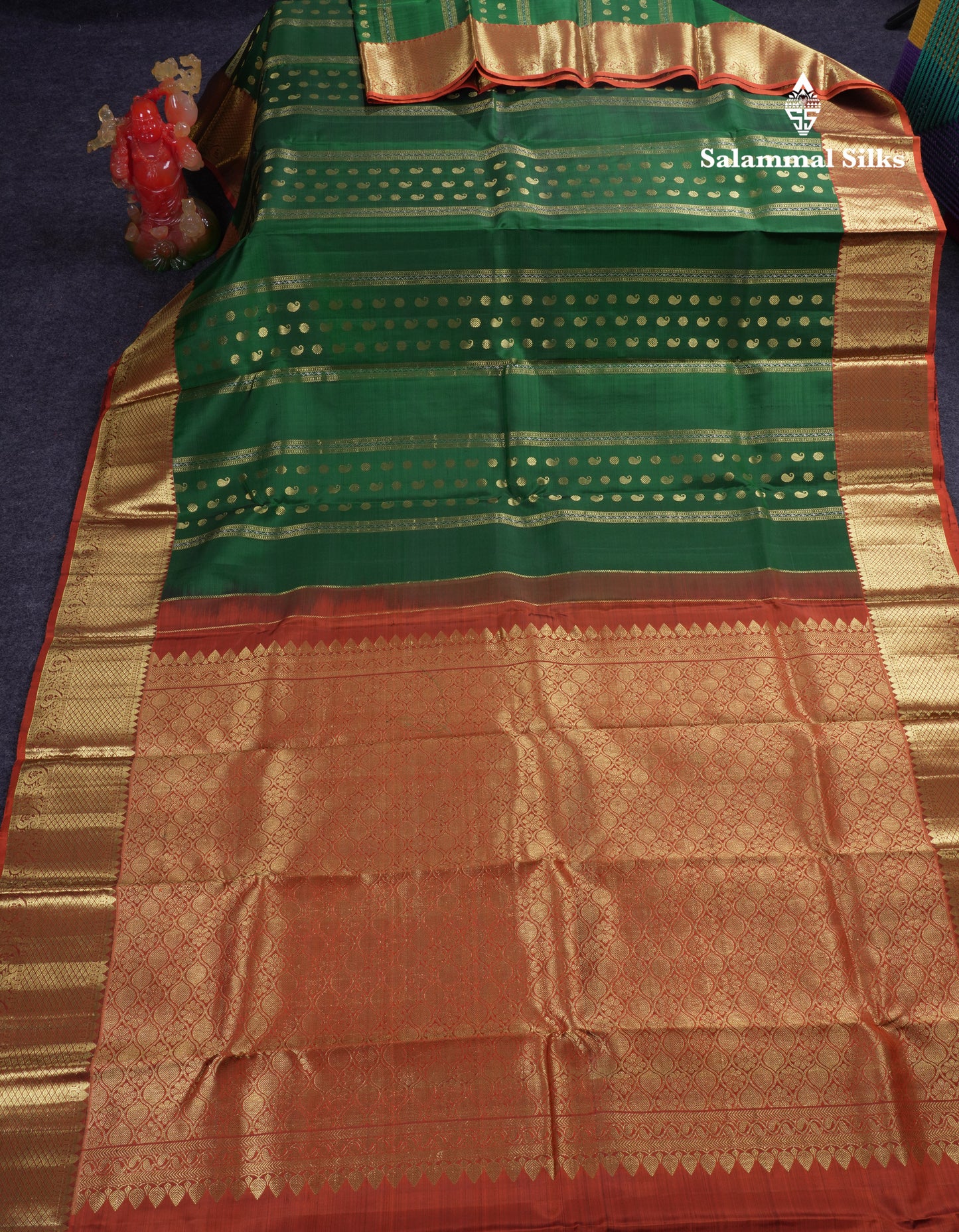 Beautiful Bottle Green Pure Kanjivaram Silk Saree With Contrast Rust Orange Traditional Border